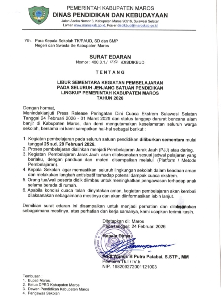 Cuaca Ekstrem, Disdikbud Maros Liburkan Sementara Kegiatan Belajar Tatap Muka