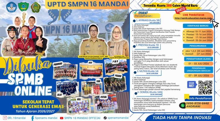 UPTD SMPN 16 Mandai Buka Pendaftaran Siswa Baru TA 2026/2027, Siapkan Kuota 288 Kursi Gratis!