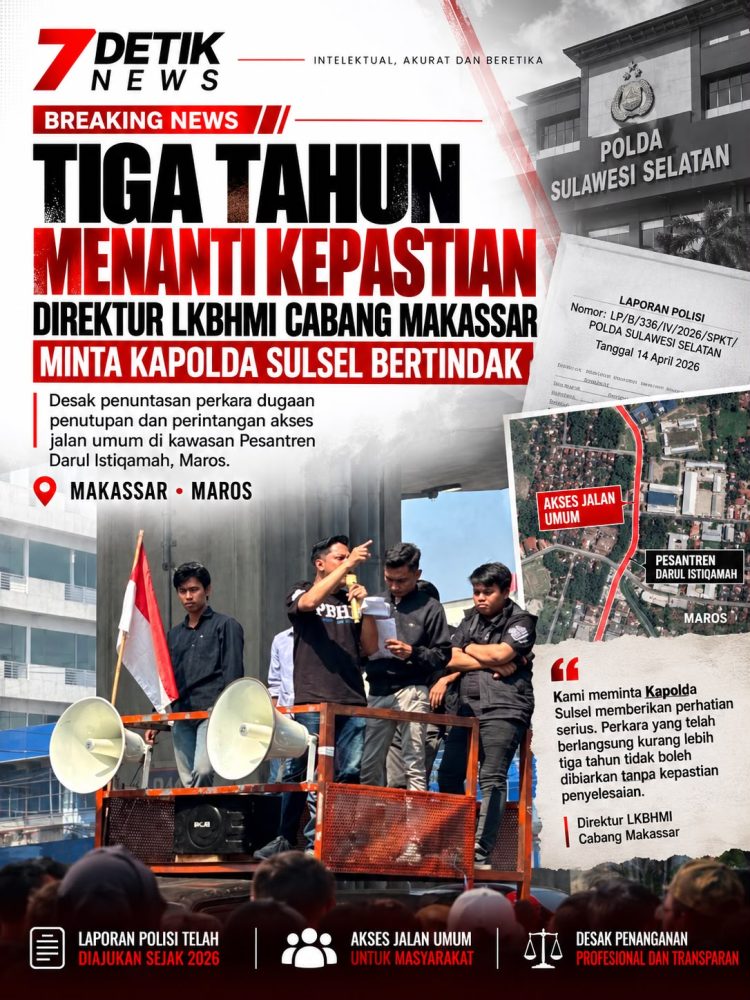 Tiga Tahun Menanti Kepastian, Direktur LKBHMI Cabang Makassar Minta Kapolda Sulsel Bertindak. MAKASSAR — Lembaga Konsultasi Dan Bantuan Hukum Mahasiswa Islam (LKBHMI) Cabang Makassar meminta Kapolda Sulawesi Selatan yang baru memberikan perhatian serius dan segera menuntaskan penanganan perkara dugaan penutupan dan perintangan akses jalan umum yang terjadi di kawasan Pesantren Darul Istiqamah, Kabupaten Maros. Persoalan tersebut disebut telah berlangsung selama kurang lebih tiga tahun hingga saat ini. Direktur LKBHMI Cabang Makassar menilai kondisi tersebut tidak boleh dibiarkan berlarut-larut karena menyangkut akses jalan umum serta kepastian hukum bagi masyarakat yang terdampak. Perkara tersebut telah dilaporkan kepada Kepolisian Daerah Sulawesi Selatan melalui Laporan Polisi Nomor: LP/B/336/IV/2026/SPKT/POLDA SULAWESI SELATAN, tertanggal 14 April 2026. Dalam laporan tersebut, dugaan perbuatan yang dilaporkan berkaitan dengan ketentuan Pasal 317 KUHP, yakni mengenai perbuatan setiap orang yang secara melawan hukum merintangi kebebasan bergerak orang lain di jalan umum. Adapun pihak yang dilaporkan dalam perkara tersebut adalah Mufassir, yang disebut sebagai pimpinan Pesantren Darul Istiqamah. Bahwa akses jalan tersebut pada praktiknya digunakan oleh masyarakat sebagai jalan Kolketor (Jalan Umum) dalam menjalankan aktivitas sehari-hari, termasuk akses keluar-masuk Warga Lokal, Warga Perumahan Fiiziya, Kegiatan Pendidikan, Mobilitas Tenaga Pendidik, Peserta Didik, serta kepentingan masyarakat lainnya, hal ini diperkuat dengan surat Keterangan Kelurahan Bontoa, Kecamatan Mandai, Kabupaten Maros dengan Nomor: 499/145/01-1002/set tanggal 09 Oktober 2014 serta Surat Keputusan Bupati Maros Nomor: 021/KPTS/611.51/I/2015 Tentang Penetapan Ruas Dan Fungsi Jalan Sebagai Jalan Kolektor Di Kabupaten Maros Tanggal 12 Januari 2015. Direktur LKBHMI Cabang Makassar menyampaikan bahwa pihaknya meminta Kapolda Sulsel memastikan perkara tersebut mendapatkan penanganan secara profesional, objektif dan transparan. “Kami meminta Kapolda Sulsel yang baru untuk memberikan perhatian khusus terhadap laporan ini. Perkara yang berkaitan dengan akses jalan umum dan telah berlangsung kurang lebih tiga tahun tidak boleh dibiarkan tanpa kepastian penyelesaian,” ujar Direktur LKBHMI Cabang Makassar Menurutnya, persoalan tersebut tidak semata-mata harus dilihat sebagai persoalan antara individu atau kelompok tertentu, tetapi juga menyangkut kepentingan masyarakat dalam memperoleh akses dan kebebasan bergerak di jalan umum. Direktur LKBHMI Cabang Makassar Menegaskan, sebagai organisasi kemahasiswaan di bawah naungan Himpunan Mahasiswa Islam, LKBHMI Berkewajiban melakukan social off conrol terhadap persoalan hukum dan hak masyarakat, HMI berkepentingan memastikan agar setiap laporan masyarakat mendapatkan penanganan yang sesuai dengan ketentuan hukum. “Kalau memang terdapat dugaan tindak pidana, maka harus diproses berdasarkan hukum. Sebaliknya, apabila tidak ditemukan unsur pidana, masyarakat juga berhak mendapatkan penjelasan dan kepastian berdasarkan hasil penyelidikan dan penyidikan,” lanjutnya. Direktur LKBHMI Cabang Makassar juga menilai bahwa penyelesaian perkara tersebut penting untuk mencegah persoalan yang berkepanjangan yang berpotensi meningkatnya eskalasi konflik di tengah masyarakat. Terlebih, lokasi yang menjadi bagian dari persoalan merupakan kawasan pesantren yang menjalankan aktivitas pendidikan dan keagamaan. Oleh karena itu, seluruh pihak diharapkan dapat mengedepankan ketertiban, kepastian hukum dan penyelesaian berdasarkan mekanisme hukum yang berlaku. Direktur LKBHMI Cabang Makassar berharap pergantian kepemimpinan di Polda Sulsel dapat menjadi momentum untuk memastikan perkara-perkara yang masih menyisakan persoalan di masyarakat mendapatkan penanganan secara profesional. “Kami berharap Kapolda Sulsel yang baru dapat membuka ruang evaluasi terhadap perkara ini dan memastikan proses hukumnya berjalan sebagaimana mestinya. Jangan sampai masyarakat menunggu bertahun-tahun tanpa mengetahui kejelasan perkembangan perkaranya,” kata Direktur LKBHMI Cabang Makassar.